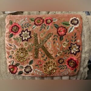 Embroidered Floral Clutch with Beaded Initial “K” On Velvet